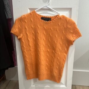 Ralph Lauren Women's Orange Cable Knit Short Sleeve Shirt 100% Cashmere
